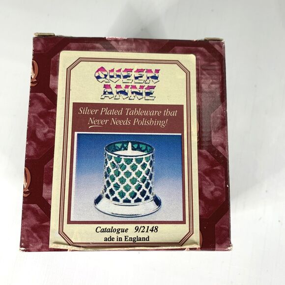 Silver Plated Christmas Candle Holder Green Glass Metal Filigree Made England - Picture 5 of 7